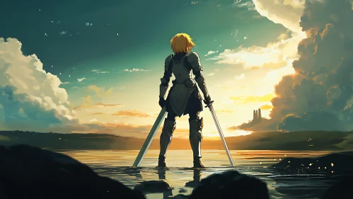 Lone knight greeting sunrise with twin swords and quiet hope.