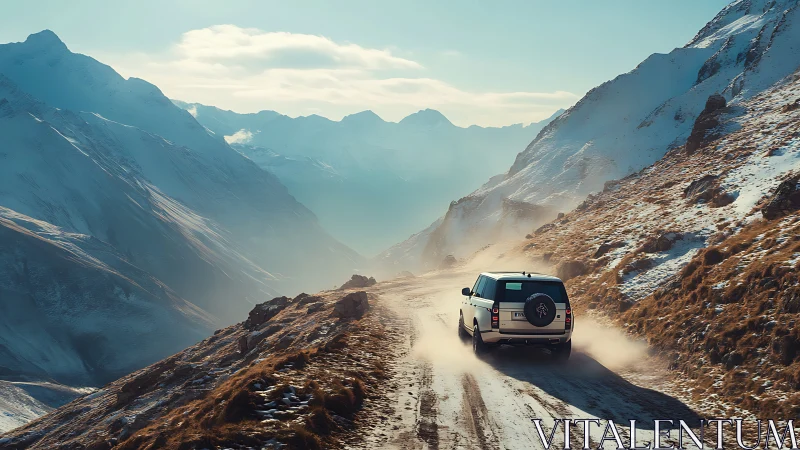 SUV powers through dusty alpine pass under cold sunlight.