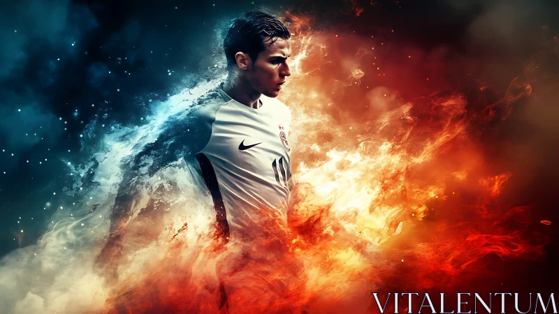 Footballer emerges through dual-element fire and ice vortex