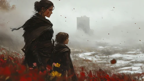 Two cloaked wanderers confront a misty battlefield of memory