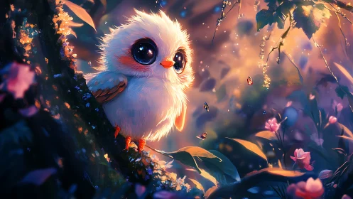 Adorable Fluffy Owl in Magical Forest, Vibrant Fantasy Art.