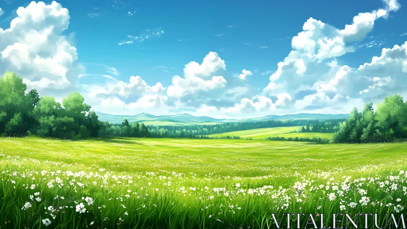 Summer meadow hums quietly beneath storybook clouds