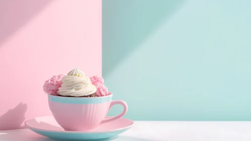 Pastel cupcake dessert in pink cup on minimal backdrop.