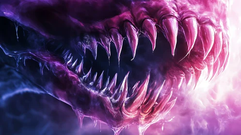 Alien creature maw with layered fangs in neon mist.