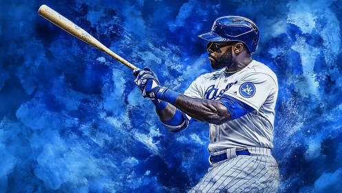 Baseball batter holds wooden bat against abstract blue field