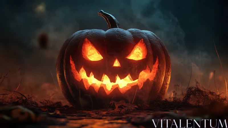 Glowing carved jack o lantern in dark foggy outdoor scene.
