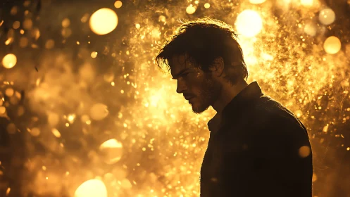 Silhouetted male profile stands against dense golden backlight