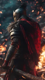 Lone armored warrior glowing softly in the embers’ light.