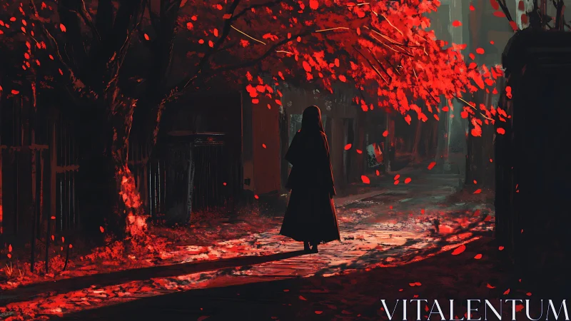 Backlit cloaked figure walks under saturated red foliage at dusk