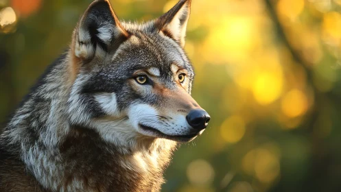 Golden forest light gently frames a calm, watchful wolf