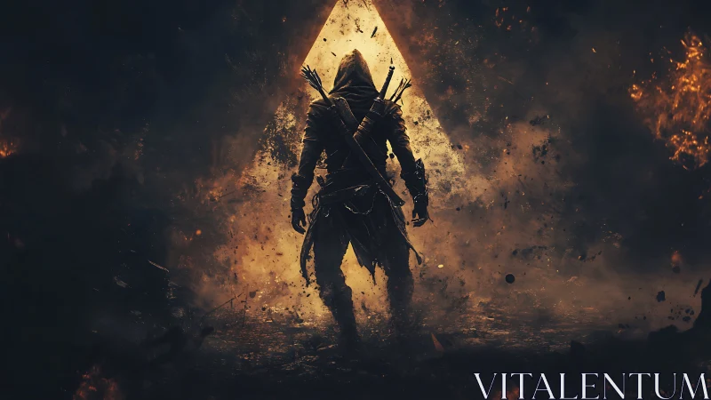 Hooded fantasy warrior stands before burning triangle portal.