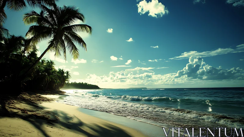Backlit tropical shoreline with palm silhouettes at low sun