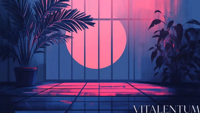 Indoor potted plants framed against large neon pink sun window