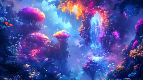 Luminous dream jungle with neon trees, mist and falling starlight.