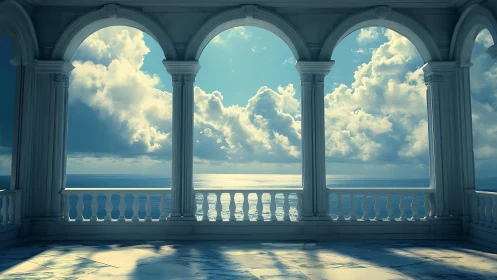 Sunlit marble terrace opens onto a tranquil, endless sea