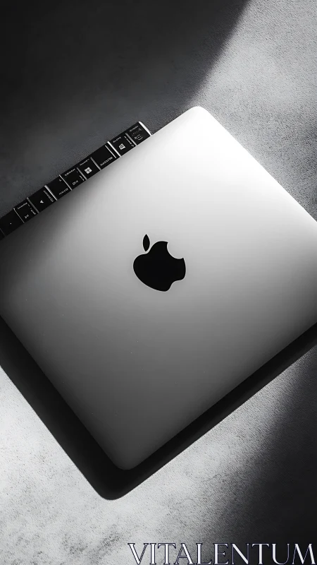 Closed silver laptop with logo in hard side lighting.