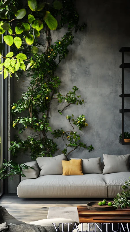 Modern living room with greenery and neutral sofa wall.