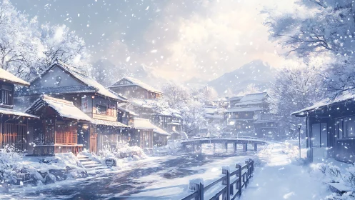 Snowfall hush over riverside Kyoto lane in pale morning light.