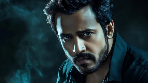 Intense bearded portrait in moody blue studio lighting.