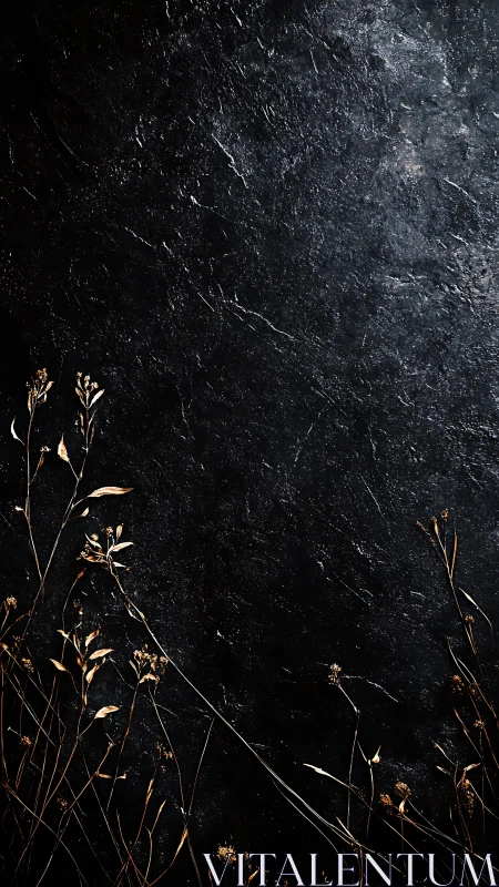 Dry field plants against rough dark textured surface.