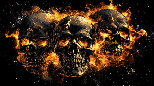 Digital painting of three flaming skulls on black void background.