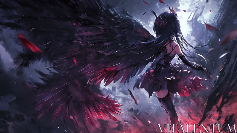 Midnight-winged demon princess unspools stormlit crimson feathers