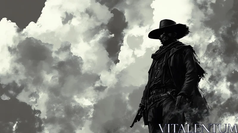 Lone gunslinger dominates stormy monochrome sky. Period.