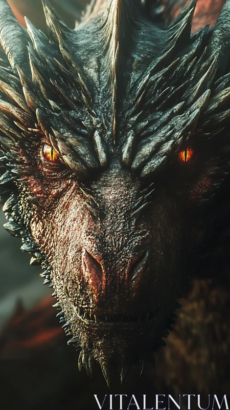 Dragon close-up portrait with molten eyes and armored scales.