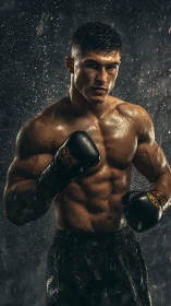 Professional Boxer Portrait with Dramatic Particle Effects and Golden Lighting