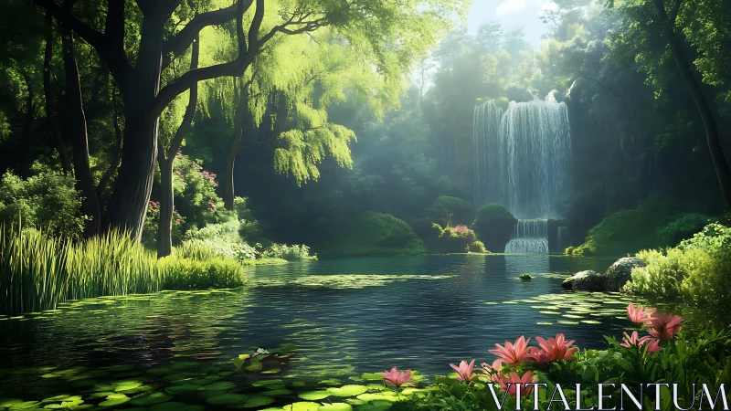 Sunlit forest waterfall descends into tranquil lily pond