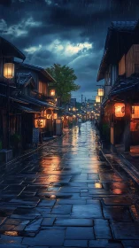 Rain-soaked Japanese alley with lantern glow at dusk.