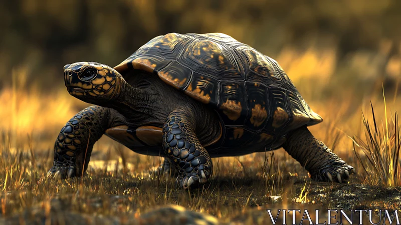 High-detail tortoise render in golden-field backlighting.