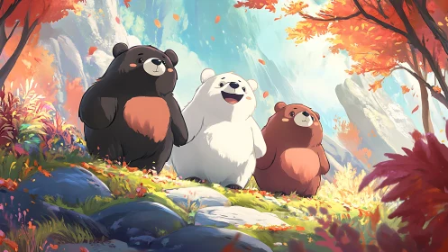 Three cartoon bears explore sunlit autumn forest path.