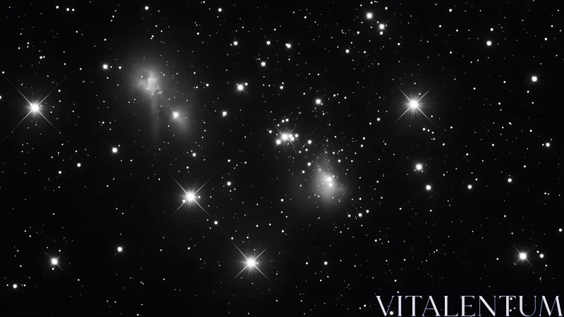 Monochrome stellar field with clustered nebular concentrations.