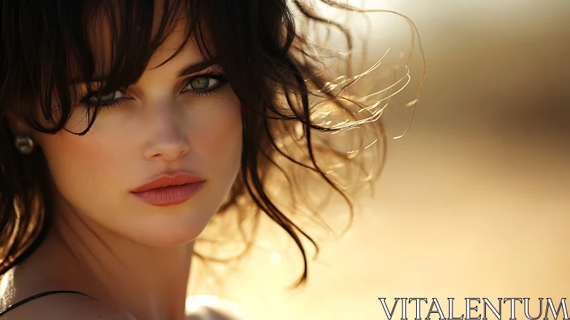 Photorealistic close-up portrait with sunlit bokeh background.