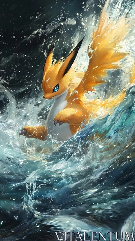 Storm-touched fox spirit rides a roaring ocean vortex.