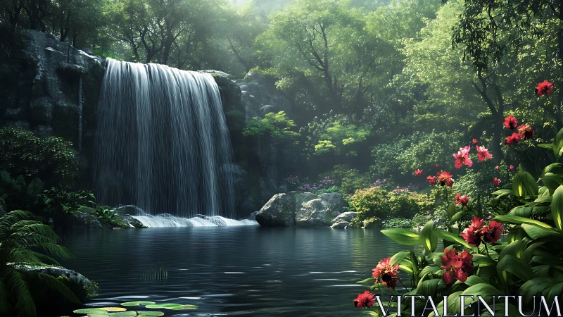 Cascading forest waterfall illuminates a tranquil reflective pool