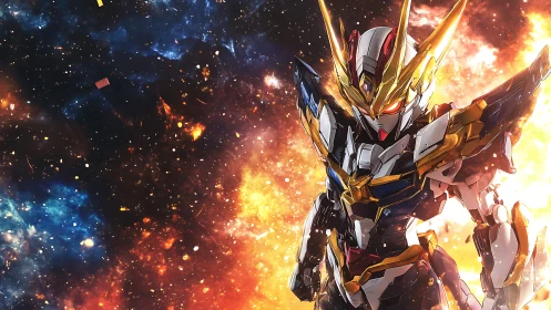 Armored mecha warrior ignites against blazing cosmic void.