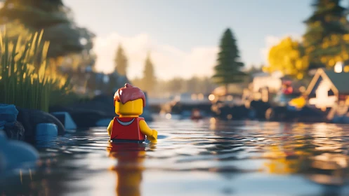 Lego minifigure wades through reflective lake at sunrise
