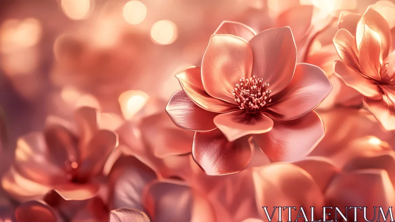 Coral Magnolia Flowers in Soft Golden Bokeh Light