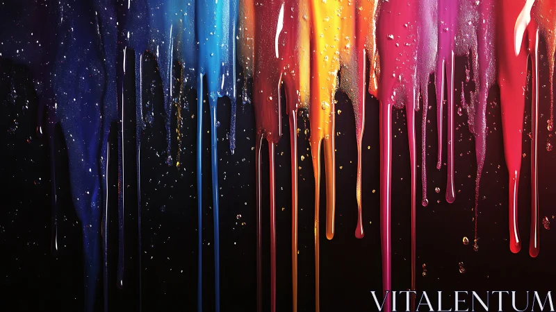 Colorful paint drips cascading over deep black backdrop.