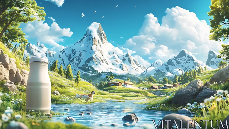 Alpine milk bottle daydream beside crystal mountain stream.