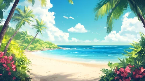 Tropical Paradise Beach Cove: Palm-Framed Coastal Digital Painting.