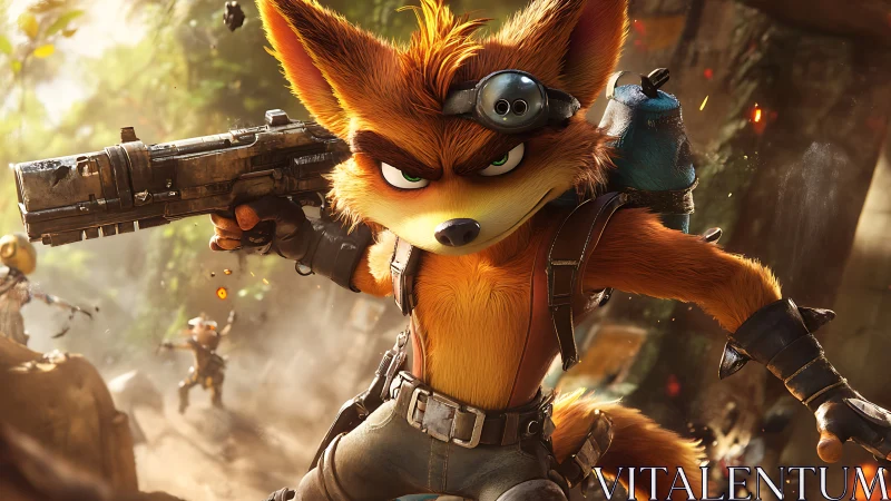 Anthropomorphic fox mercenary aims heavy rifle in dynamic jungle