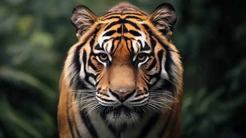 Tiger stares directly at camera against blurred green foliage