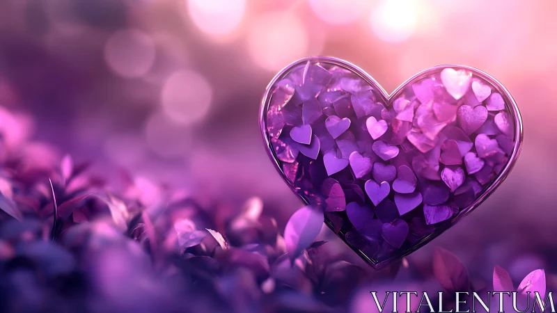 Glass Heart Filled with Purple Hearts Against Blurred Bokeh.