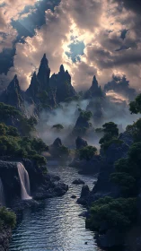 Misty stone spires above river valley with waterfalls.
