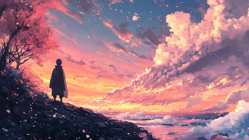 Anime sunset landscape with lone figure and sakura trees.