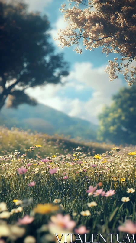 Wildflower meadow extends toward distant hills in soft focus
