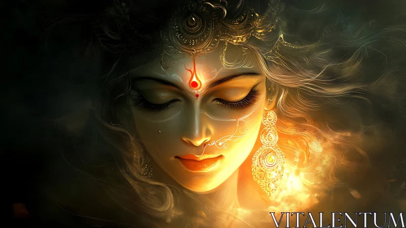 Divine luminous goddess portrait with glowing mandala fire.